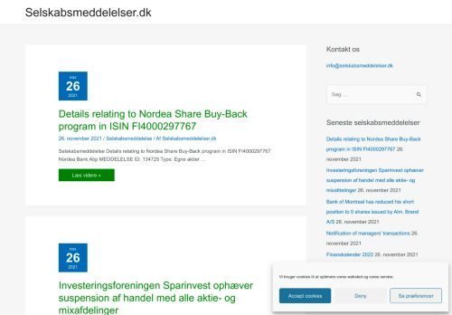 Screenshot af Selskabsmeddelelser.dk