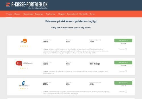 Forsiden af A-kasse-portalen