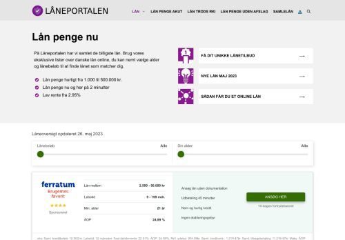 Forsiden af Låneportalen