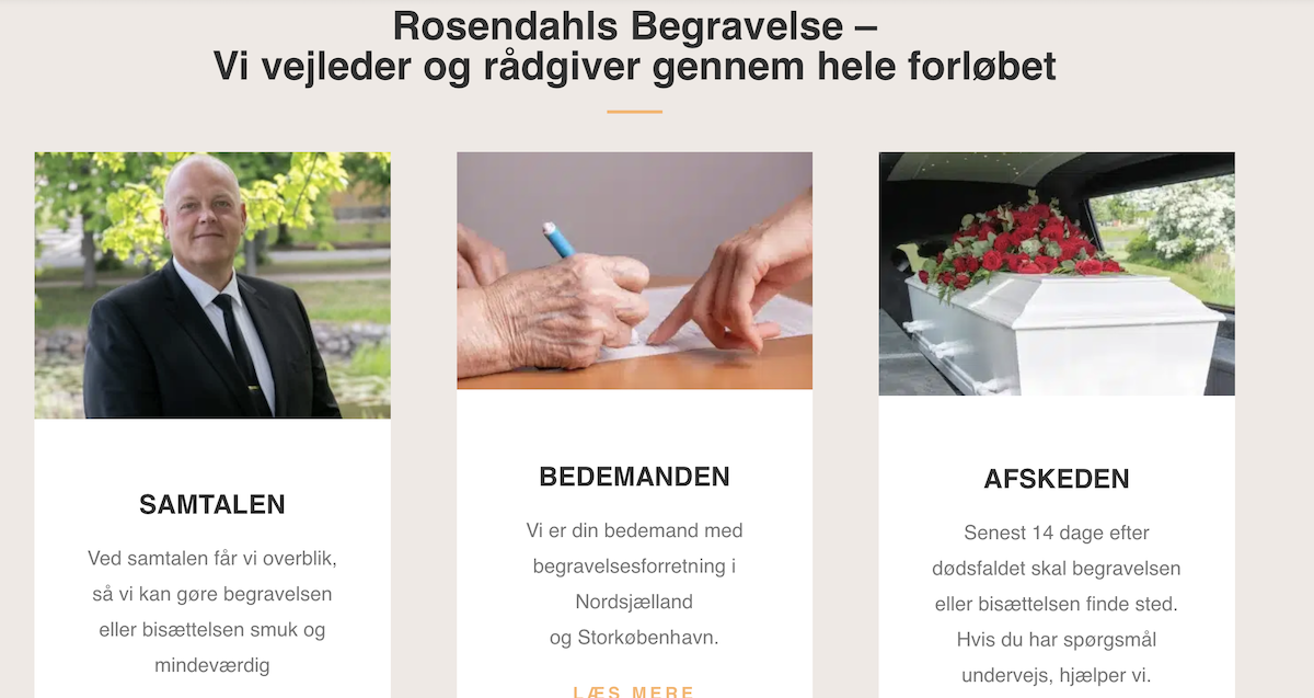 Screenshot af Rosendahls Begravelse – personlig hjælp til begravelse og bisættelse